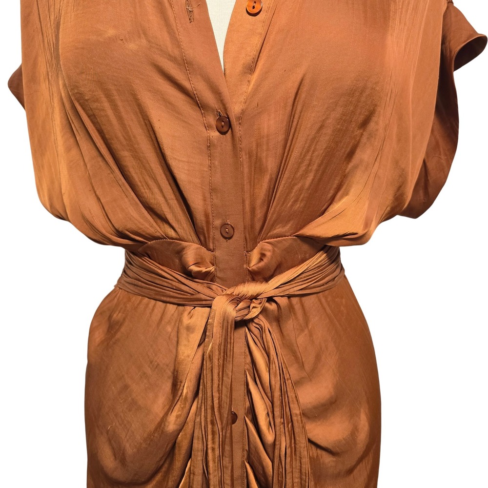 Steve Madden Women's Satin Draped Midi Shirt Dress Bronze Button Tie Waist Sz 6 - Picture 4 of 12
